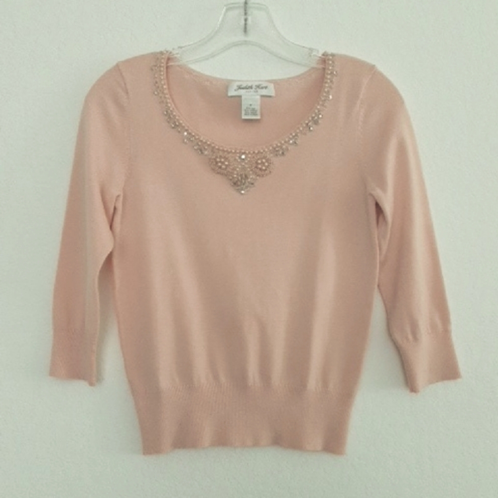 JUDITH HART PETITES Pink Embellished Silk Blend Women's Knit Sweater NWOT